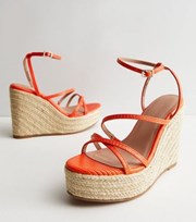 New Look Bright Orange Faux Croc Strappy Espadrille Wedge Heel Sandals